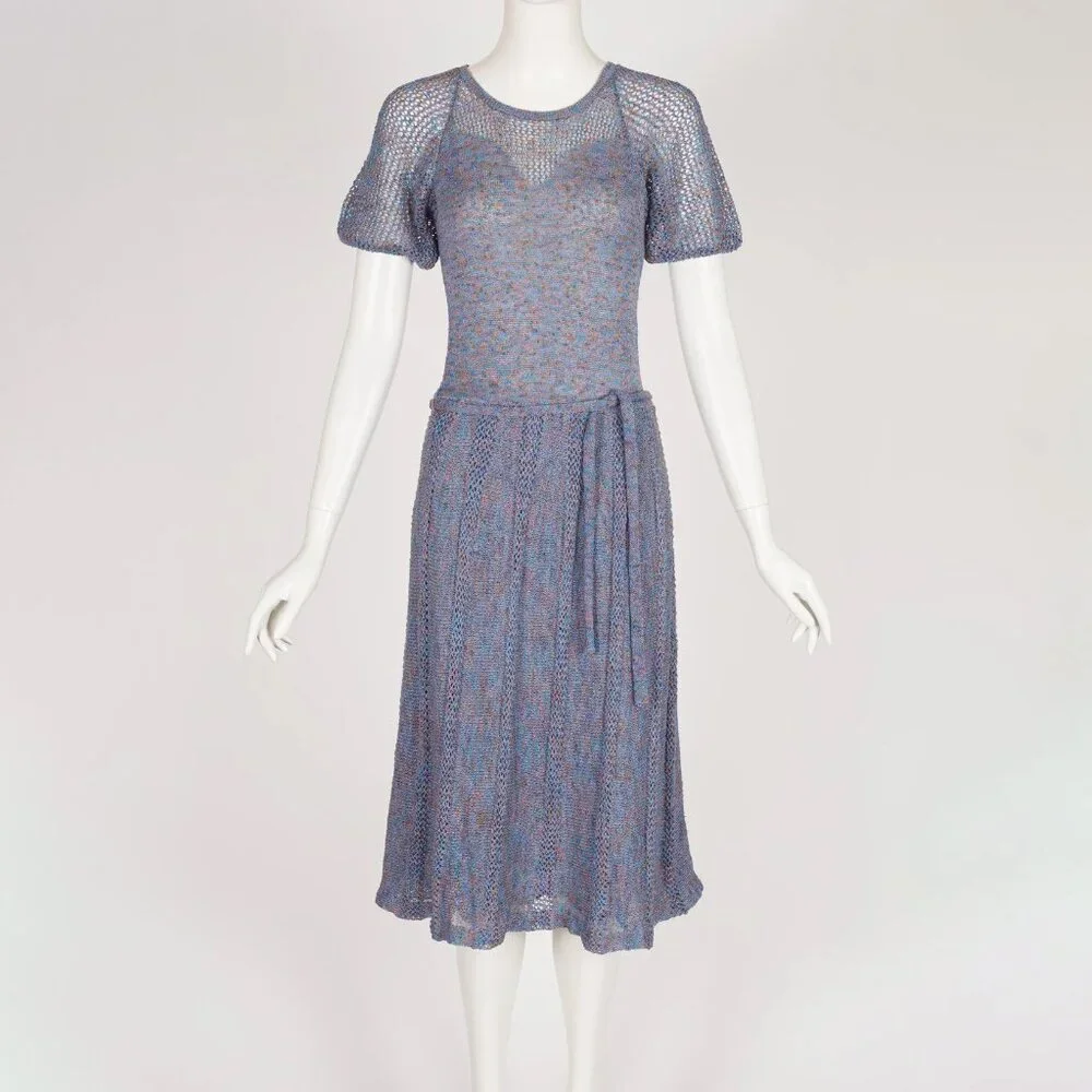 1970s Vintage "Ten Points" British Boutique Puff Sleeve Belted Knit Dress Sz XS - Picture 3 of 6